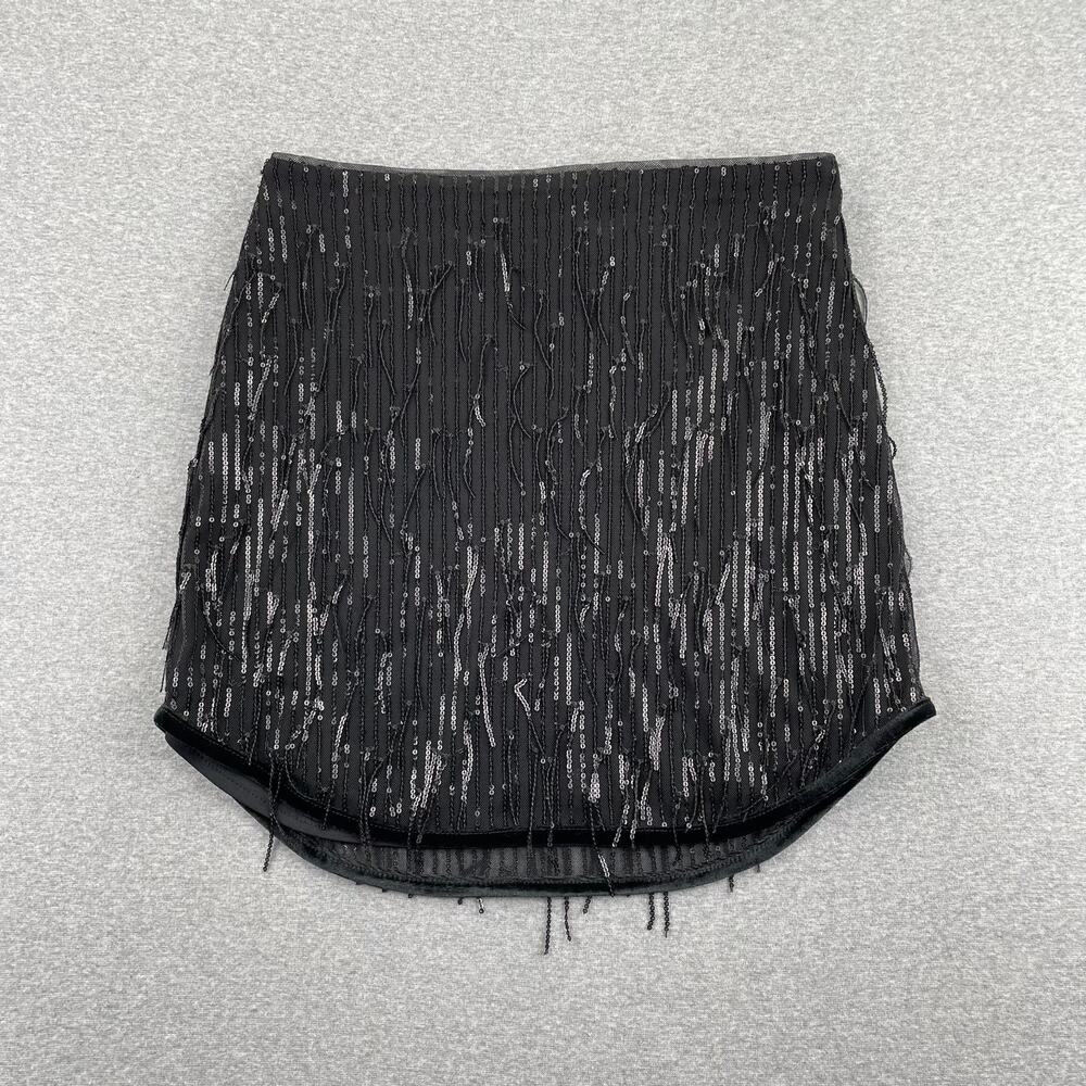 Avec Les Files Sequin Fringed Mini Skirt Size S Black Velvet Trim Party Glam